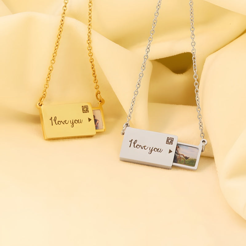 Personalized Envelope Photo Locket Necklace - Slide Out Pendant with Engraving Gift for Women