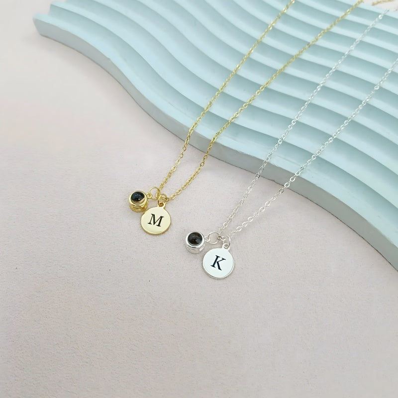 18K Gold Plated Custom Initial Necklace - Minimalist Round Pendant with Photo Projection Stone - Luxury Personalized Jewelry for Women