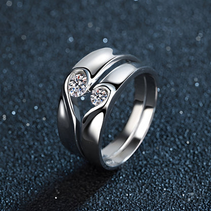 Adjustable Heart Couple Rings - 925 Sterling Silver (White Gold Plated, Romantic Gift Jewelry)
