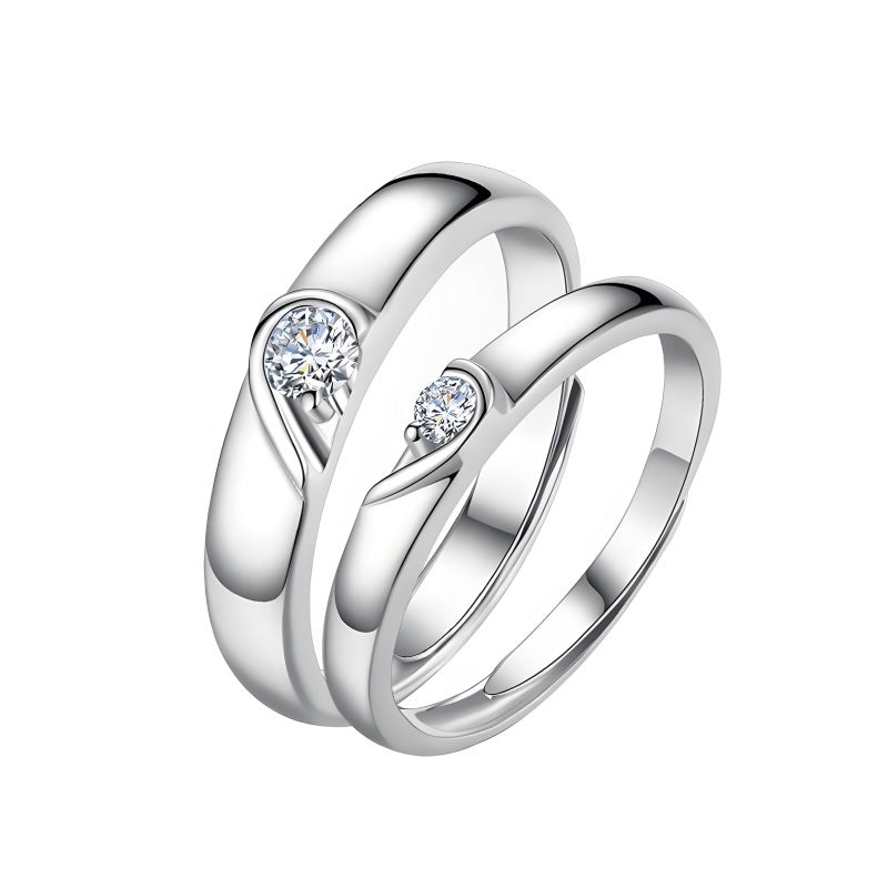 Adjustable Heart Couple Rings - 925 Sterling Silver (White Gold Plated, Romantic Gift Jewelry)