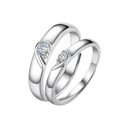 Adjustable Heart Couple Rings - 925 Sterling Silver (White Gold Plated, Romantic Gift Jewelry)