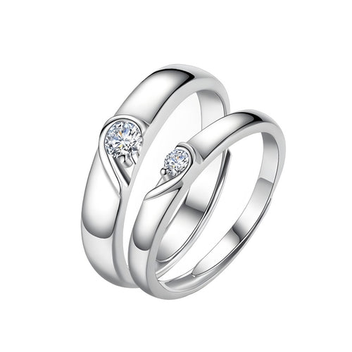 Adjustable Heart Couple Rings - 925 Sterling Silver (White Gold Plated, Romantic Gift Jewelry)