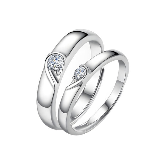 Adjustable Heart Couple Rings - 925 Sterling Silver (White Gold Plated, Romantic Gift Jewelry)