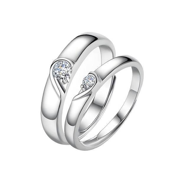 Adjustable Heart Couple Rings - 925 Sterling Silver (White Gold Plated, Romantic Gift Jewelry)