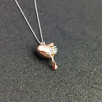 Anatomical Heart Pendant Necklace - Red Cubic Zirconia Accent - Unique Valentine's Jewelry in GoldBronze