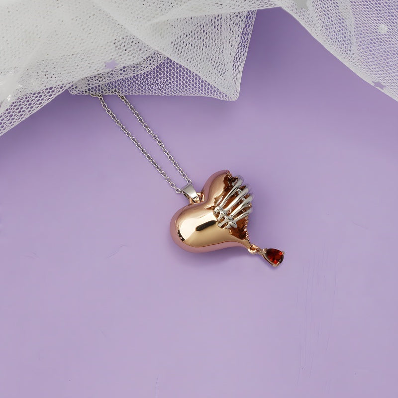 Anatomical Heart Pendant Necklace - Red Cubic Zirconia Accent - Unique Valentine's Jewelry in GoldBronze