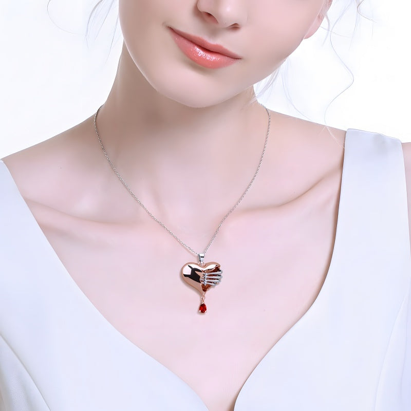 Anatomical Heart Pendant Necklace - Red Cubic Zirconia Accent - Unique Valentine's Jewelry in GoldBronze