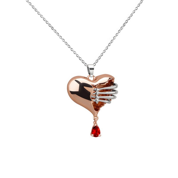 Anatomical Heart Pendant Necklace - Red Cubic Zirconia Accent - Unique Valentine's Jewelry in GoldBronze