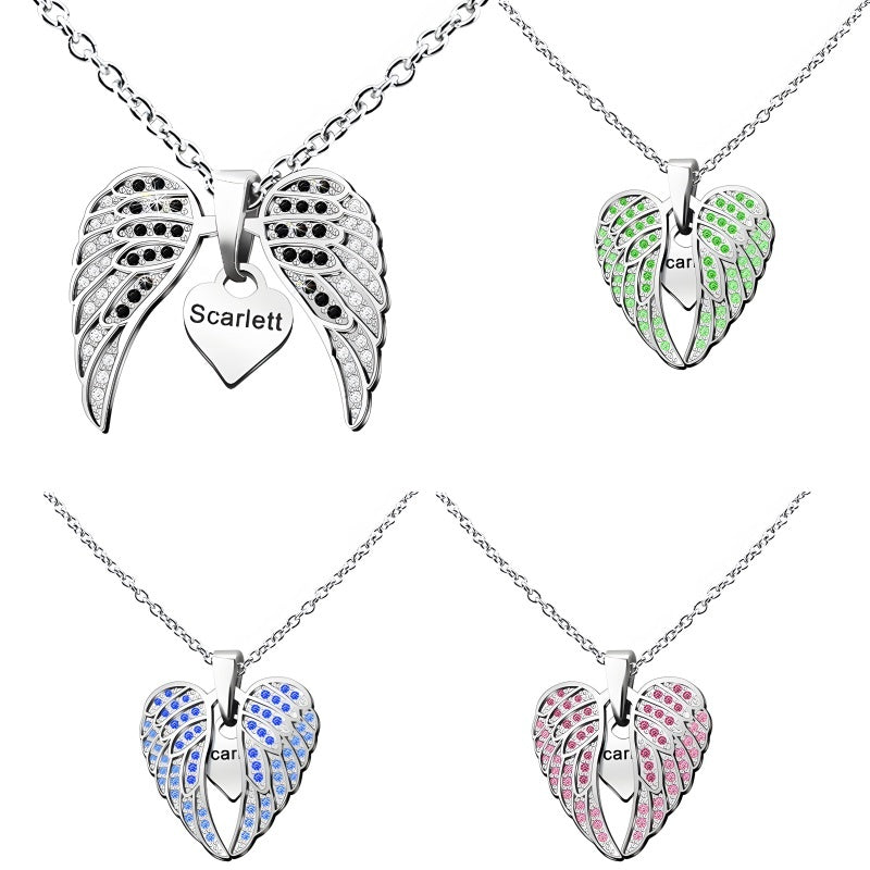 Angel Wing Heart Pendant Necklace - Custom Engravable Collarbone Chain Gift