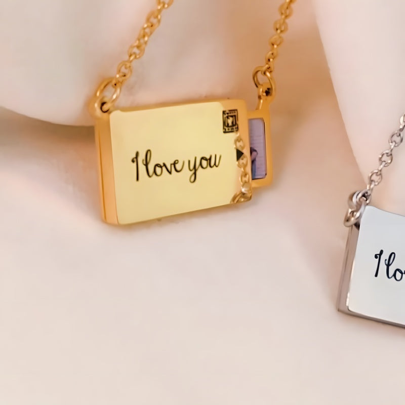 Personalized Envelope Photo Locket Necklace - Slide Out Pendant with Engraving Gift for Women
