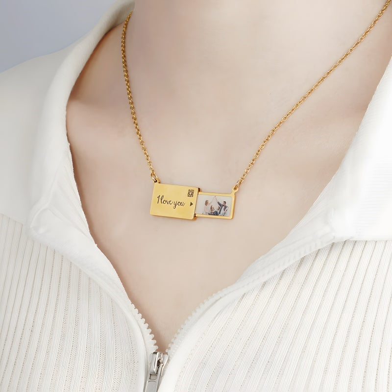 Personalized Envelope Photo Locket Necklace - Slide Out Pendant with Engraving Gift for Women