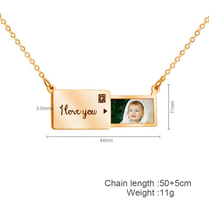 Personalized Envelope Photo Locket Necklace - Slide Out Pendant with Engraving Gift for Women