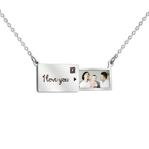 Personalized Envelope Photo Locket Necklace - Slide Out Pendant with Engraving Gift for Women