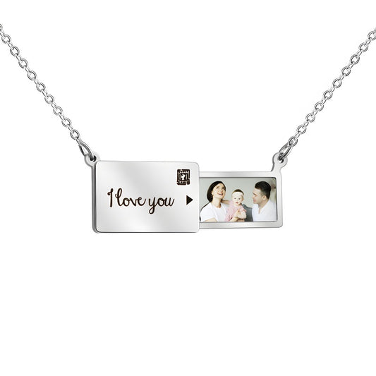 Personalized Envelope Photo Locket Necklace - Slide Out Pendant with Engraving Gift for Women