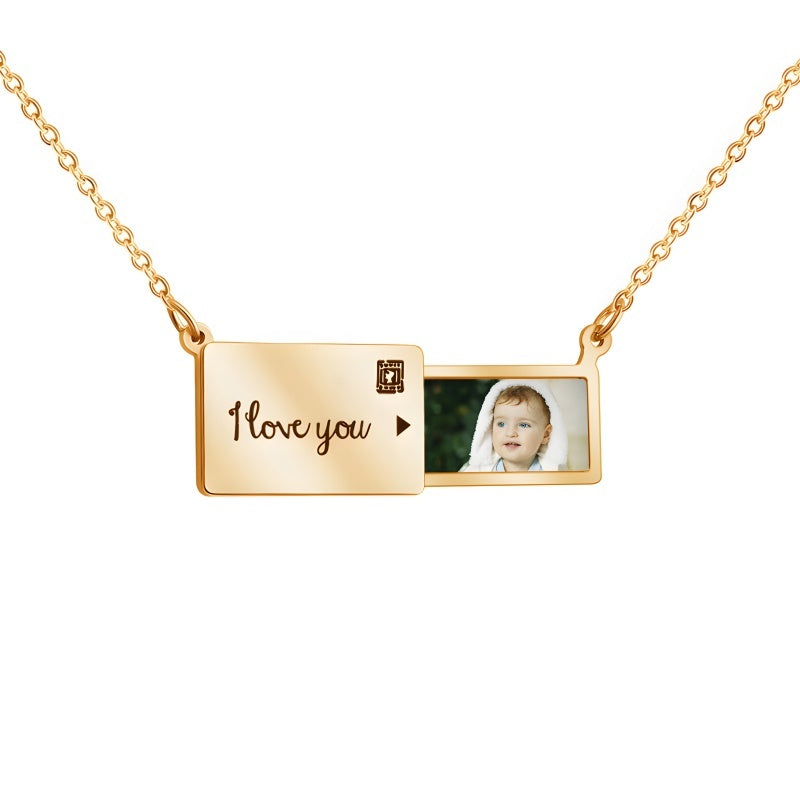 Personalized Envelope Photo Locket Necklace - Slide Out Pendant with Engraving Gift for Women