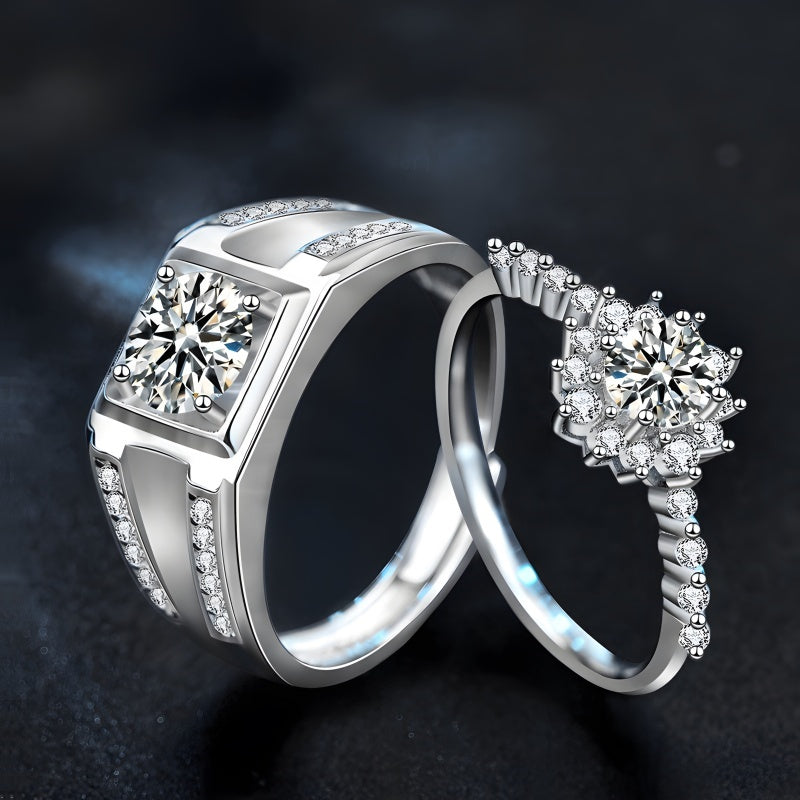 925 Sterling Silver Moissanite Couple Rings – His 1 Carat & Her 0.5 Carat (White Gold)