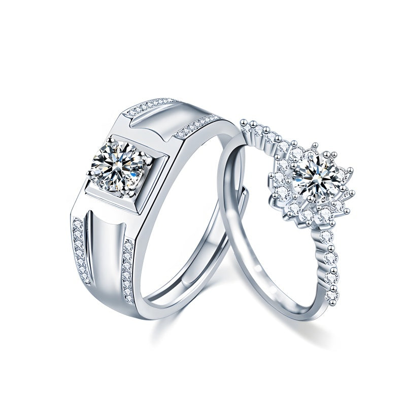 925 Sterling Silver Moissanite Couple Rings – His 1 Carat & Her 0.5 Carat (White Gold)