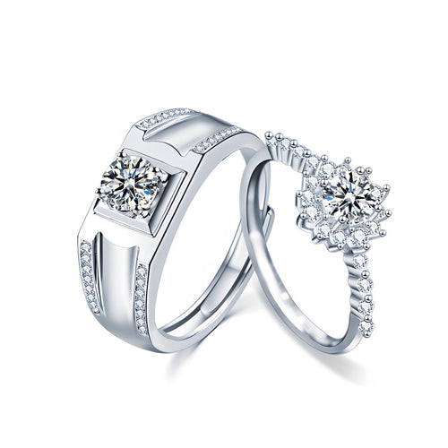 925 Sterling Silver Moissanite Couple Rings – His 1 Carat & Her 0.5 Carat (White Gold)