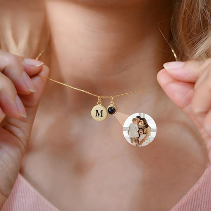 18K Gold Plated Custom Initial Necklace - Minimalist Round Pendant with Photo Projection Stone - Luxury Personalized Jewelry for Women