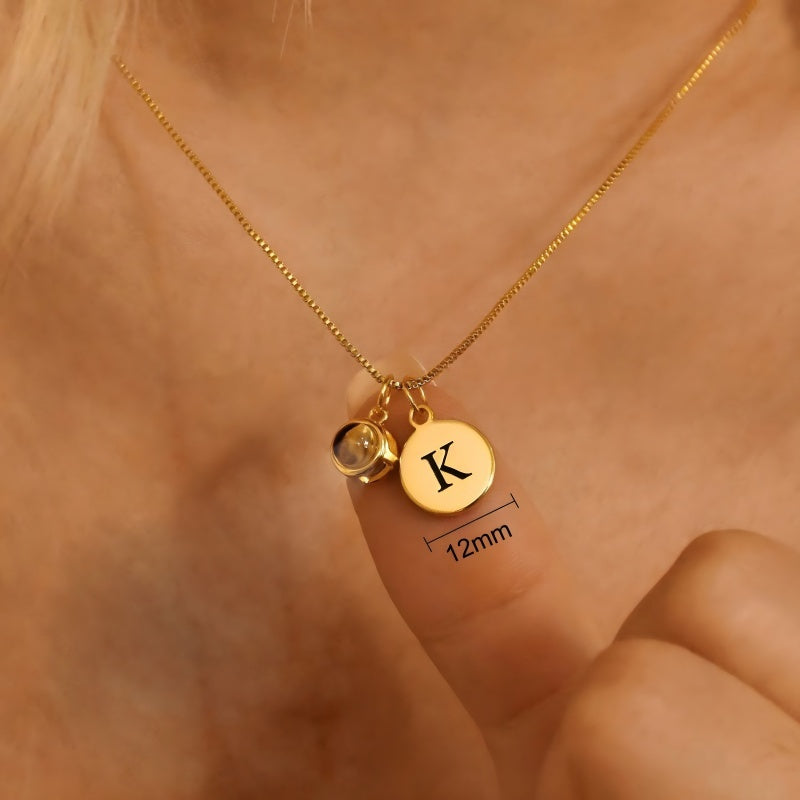 18K Gold Plated Custom Initial Necklace - Minimalist Round Pendant with Photo Projection Stone - Luxury Personalized Jewelry for Women