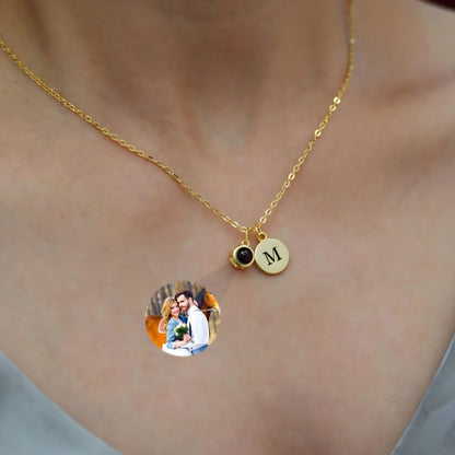 18K Gold Plated Custom Initial Necklace - Minimalist Round Pendant with Photo Projection Stone - Luxury Personalized Jewelry for Women