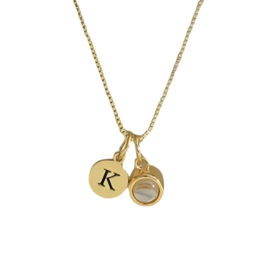 18K Gold Plated Custom Initial Necklace - Minimalist Round Pendant with Photo Projection Stone - Luxury Personalized Jewelry for Women