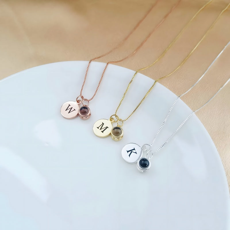 18K Gold Plated Custom Initial Necklace - Minimalist Round Pendant with Photo Projection Stone - Luxury Personalized Jewelry for Women