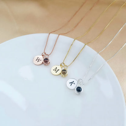18K Gold Plated Custom Initial Necklace - Minimalist Round Pendant with Photo Projection Stone - Luxury Personalized Jewelry for Women