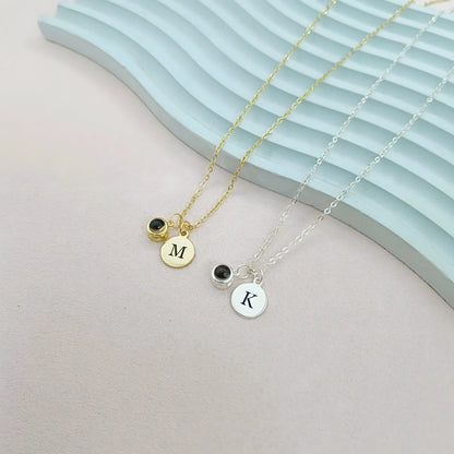 18K Gold Plated Custom Initial Necklace - Minimalist Round Pendant with Photo Projection Stone - Luxury Personalized Jewelry for Women