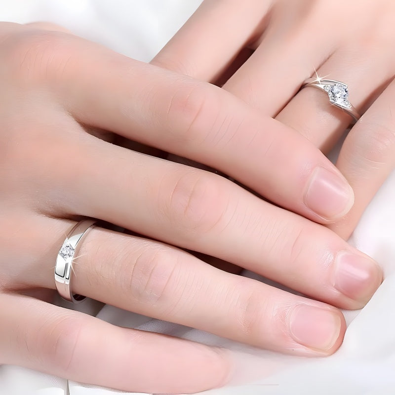Diamond-Alternative Couple Rings - 925 Sterling Silver Moissanite Adjustable