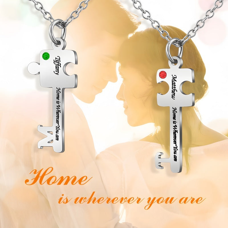 Diamond-Cut Key Pendant Necklace - Custom Engraved Stainless Steel Jewelry, A Gift for Her
