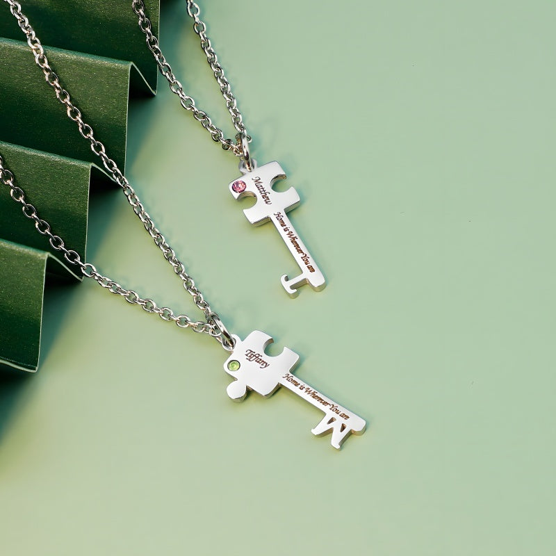 Diamond-Cut Key Pendant Necklace - Custom Engraved Stainless Steel Jewelry, A Gift for Her