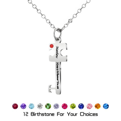 Diamond-Cut Key Pendant Necklace - Custom Engraved Stainless Steel Jewelry, A Gift for Her