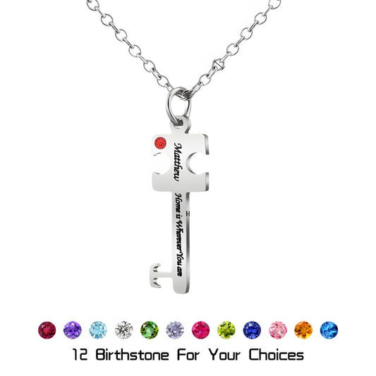 Diamond-Cut Key Pendant Necklace - Custom Engraved Stainless Steel Jewelry, A Gift for Her