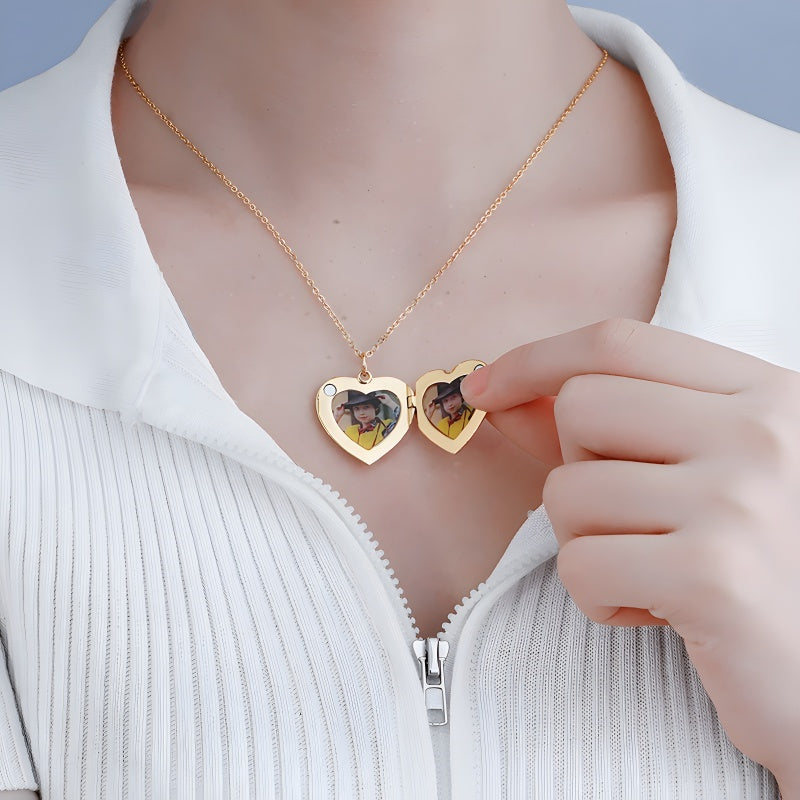 Heart Photo Locket Necklace - Custom Engraved Valentine's Gift with Color Print