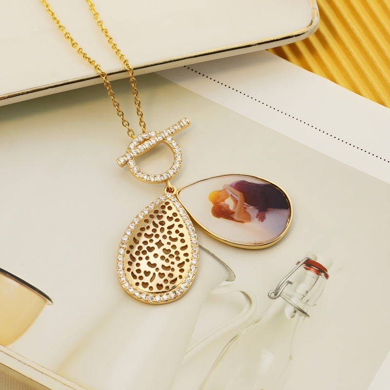 Hollow Teardrop Locket Necklace - Gold Plated Photo Pendant Women's Jewelry Gift