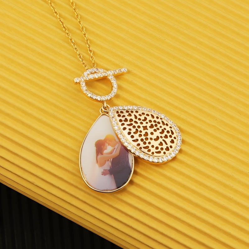 Hollow Teardrop Locket Necklace - Gold Plated Photo Pendant Women's Jewelry Gift