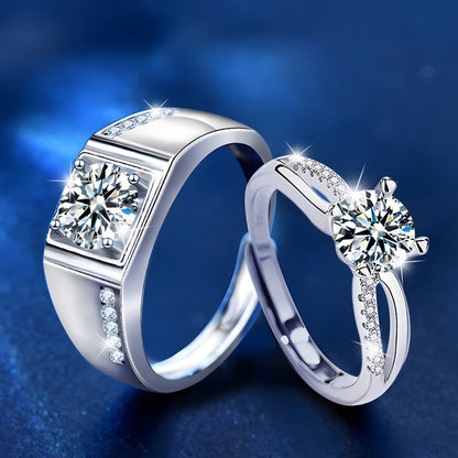 Luxury Faceted Couple Rings - 925 Sterling Silver Adjustable Bezel-Set Bands