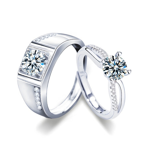Luxury Faceted Couple Rings - 925 Sterling Silver Adjustable Bezel-Set Bands