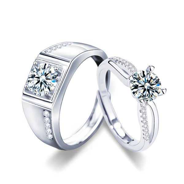 Luxury Faceted Couple Rings - 925 Sterling Silver Adjustable Bezel-Set Bands