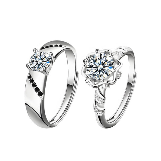 Luxury Geometric Couple Rings - 925 Sterling Silver Dual-Tone Adjustable