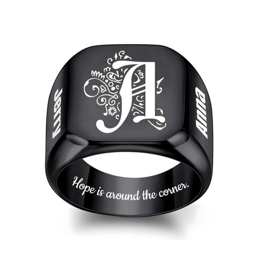 Custom-made stainless steel men's rings with engraving and design for Valentine's Day gifts.