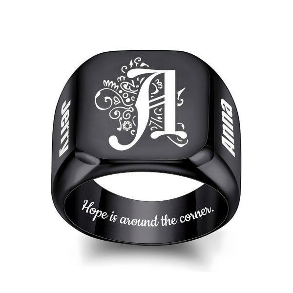 Custom-made stainless steel men's rings with engraving and design for Valentine's Day gifts.