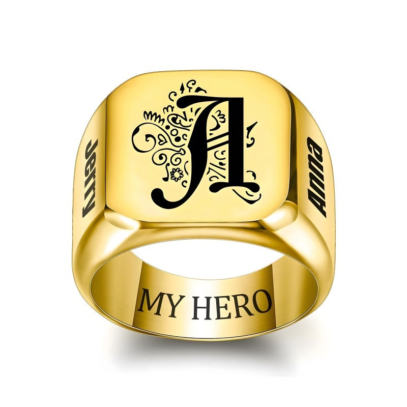 Custom-made stainless steel men's rings with engraving and design for Valentine's Day gifts.