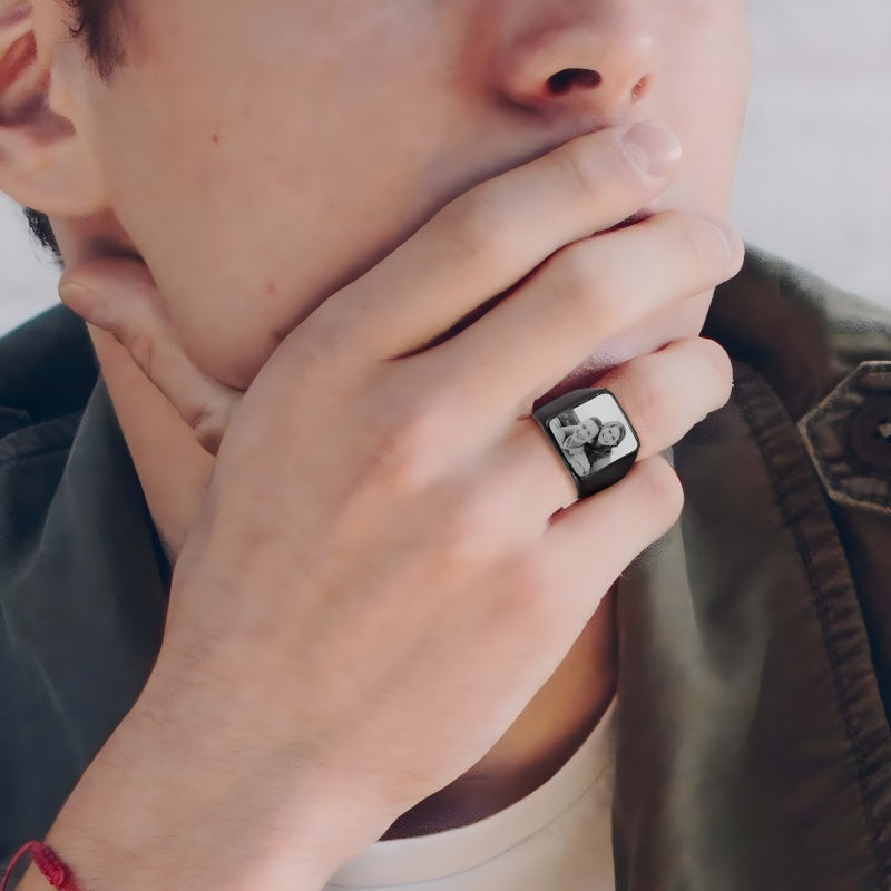 Custom-made stainless steel men's rings with engraving and design for Valentine's Day gifts.