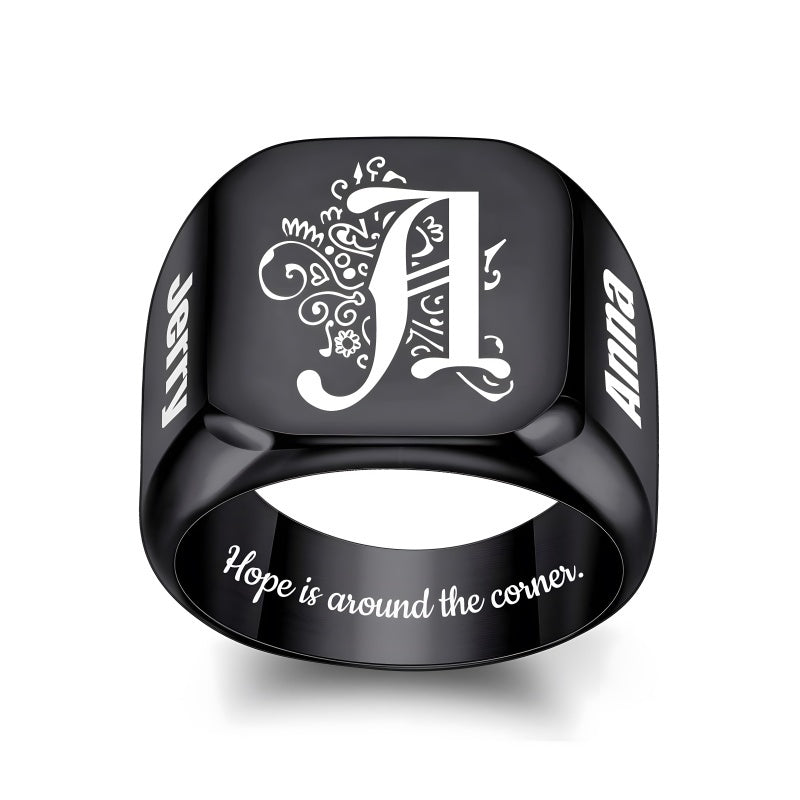 Custom-made stainless steel men's rings with engraving and design for Valentine's Day gifts.