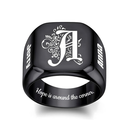 Custom-made stainless steel men's rings with engraving and design for Valentine's Day gifts.