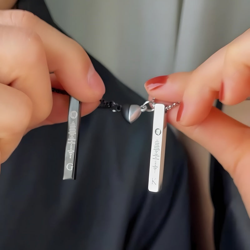 Magnetic Heart Couple Necklace Set - Engravable 3D Bar Code Pendant Love Jewelry