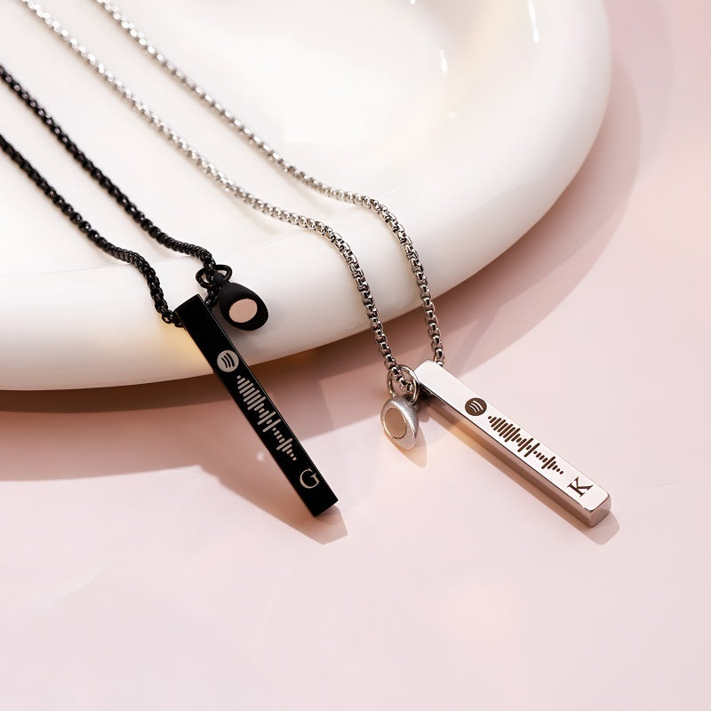 Magnetic Heart Couple Necklace Set - Engravable 3D Bar Code Pendant Love Jewelry