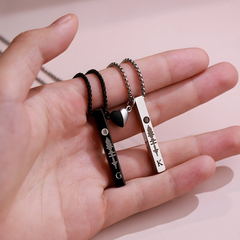 Magnetic Heart Couple Necklace Set - Engravable 3D Bar Code Pendant Love Jewelry